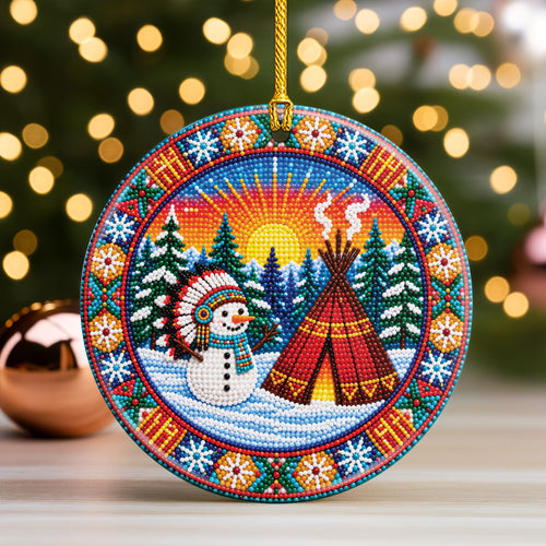Native Beaded Ceramic Christmas Ornament, Snowman Teepee Decor