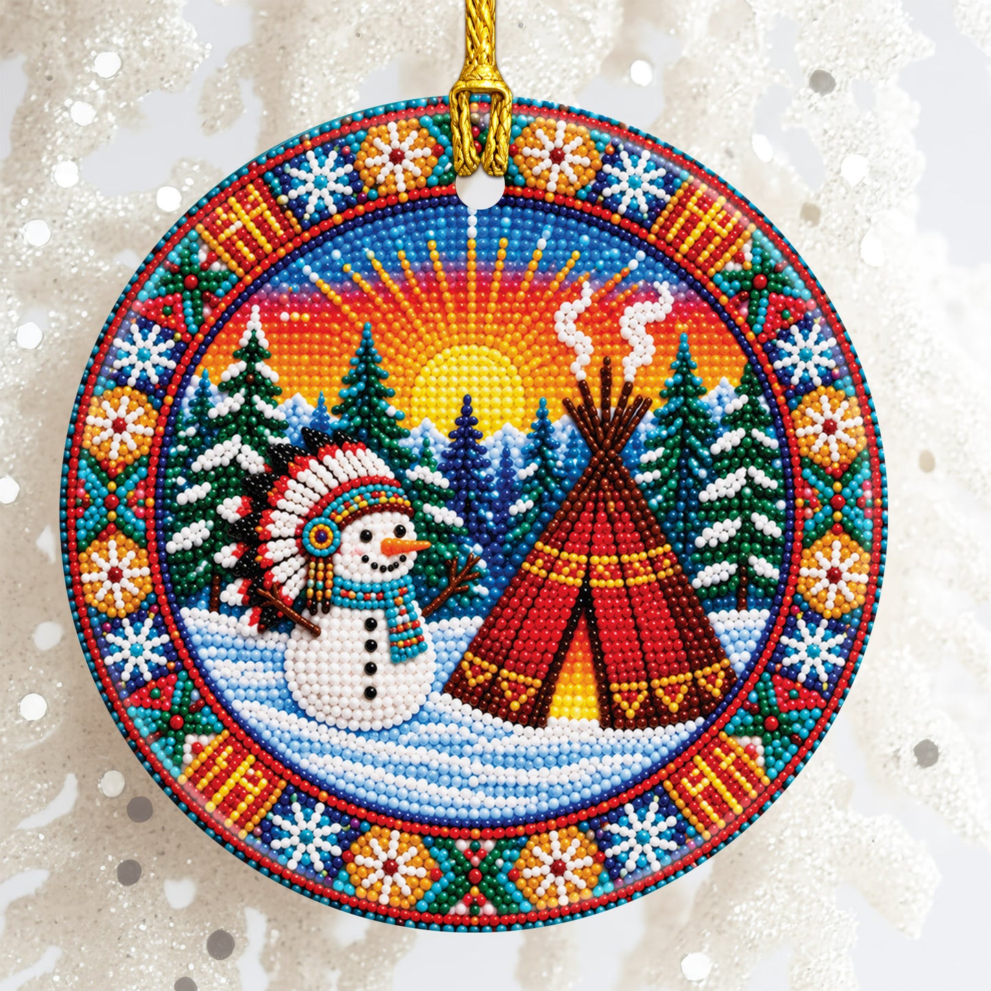 Native Beaded Ceramic Christmas Ornament, Snowman Teepee Decor