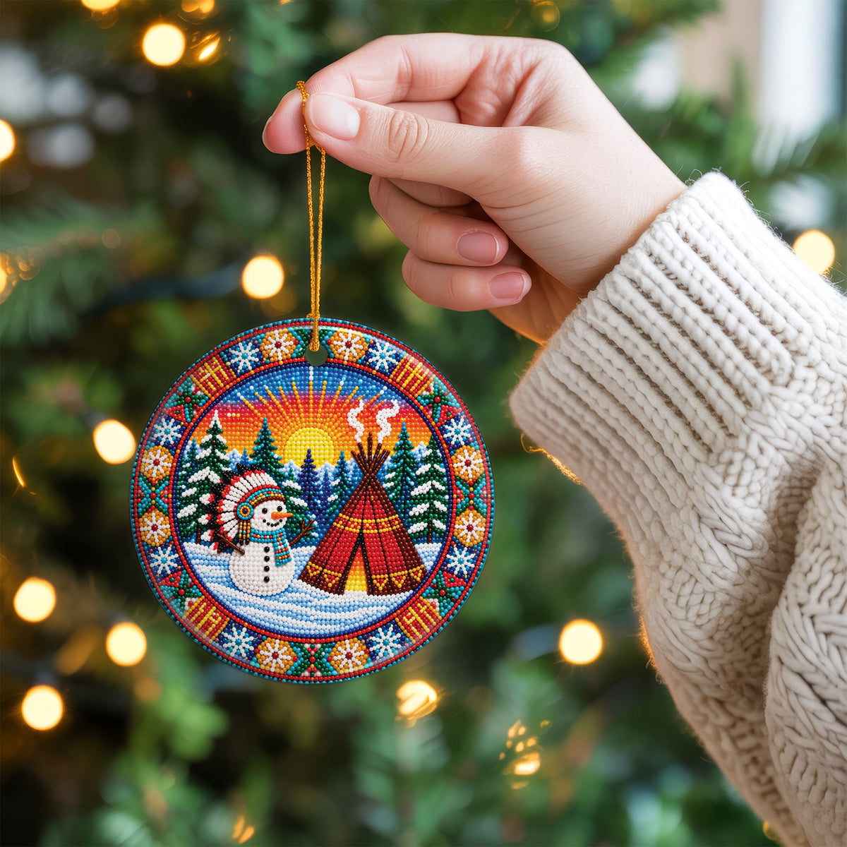 Native Beaded Ceramic Christmas Ornament, Snowman Teepee Decor
