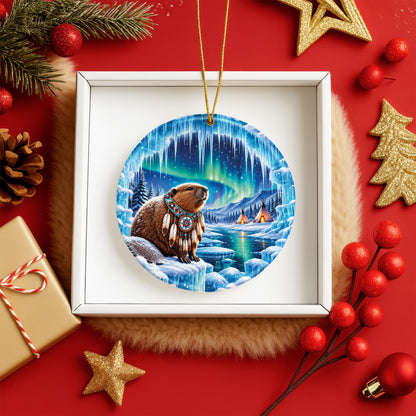 Native Beaver Northern Lights Ceramic Christmas Ornament