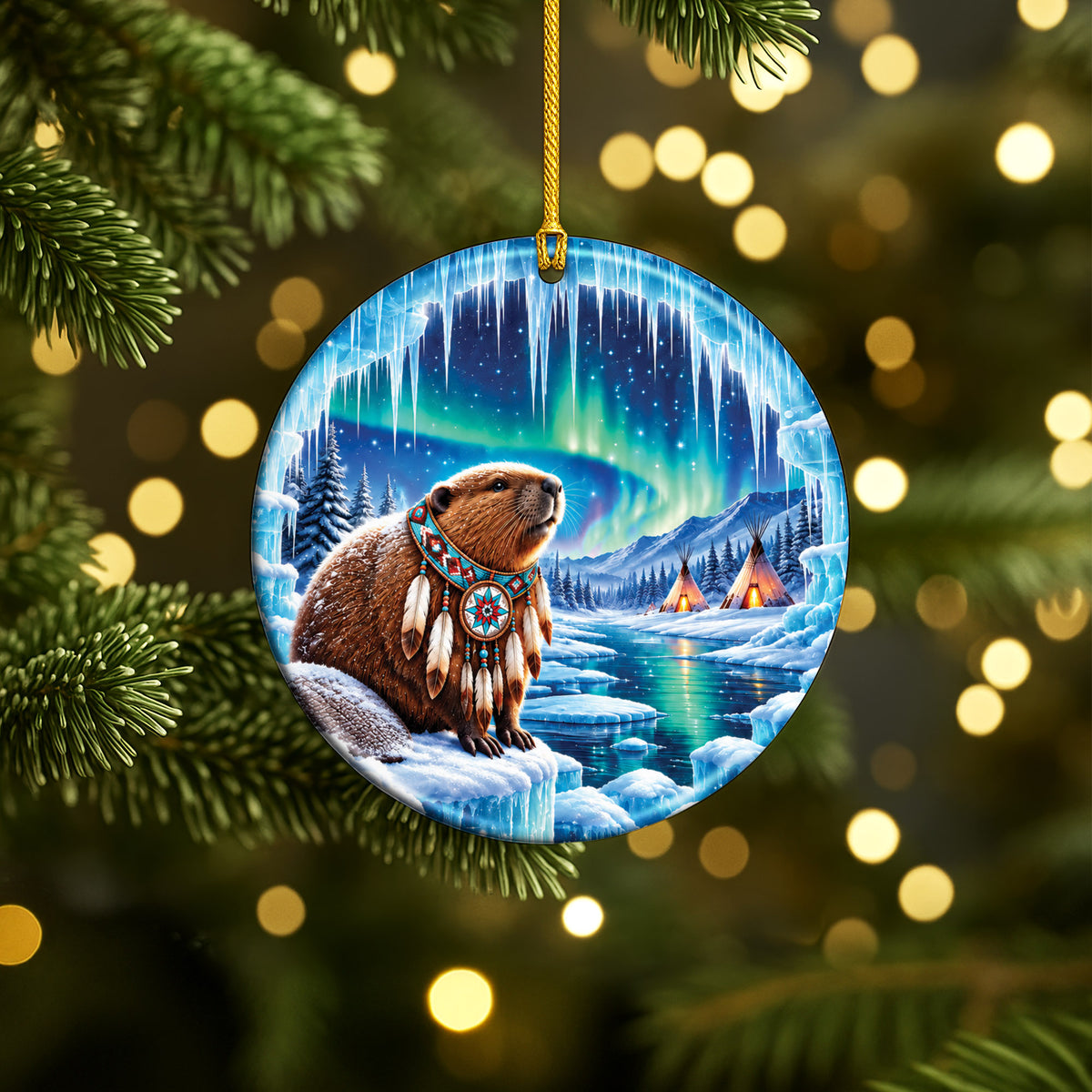 Native Beaver Northern Lights Ceramic Christmas Ornament