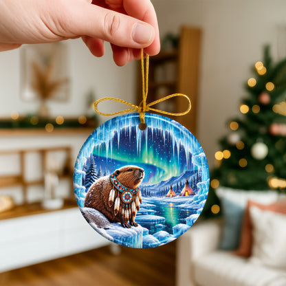 Native Beaver Northern Lights Ceramic Christmas Ornament