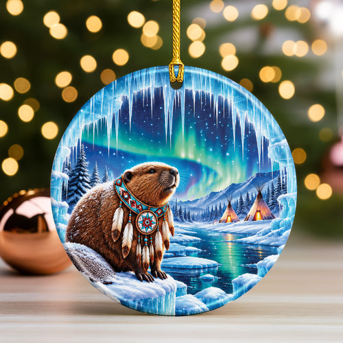 Native Beaver Northern Lights Ceramic Christmas Ornament