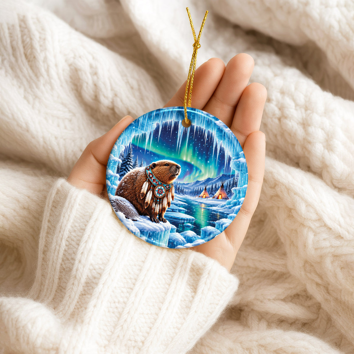 Native Beaver Northern Lights Ceramic Christmas Ornament
