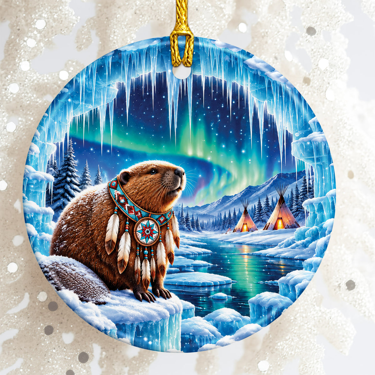 Native Beaver Northern Lights Ceramic Christmas Ornament