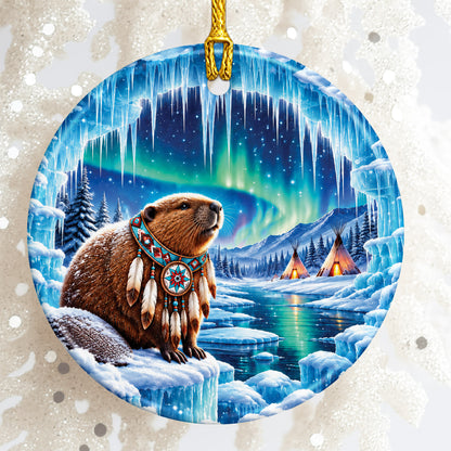 Native Beaver Northern Lights Ceramic Christmas Ornament