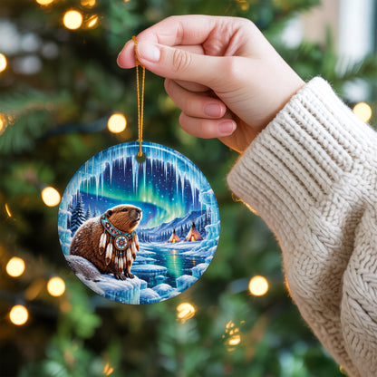 Native Beaver Northern Lights Ceramic Christmas Ornament