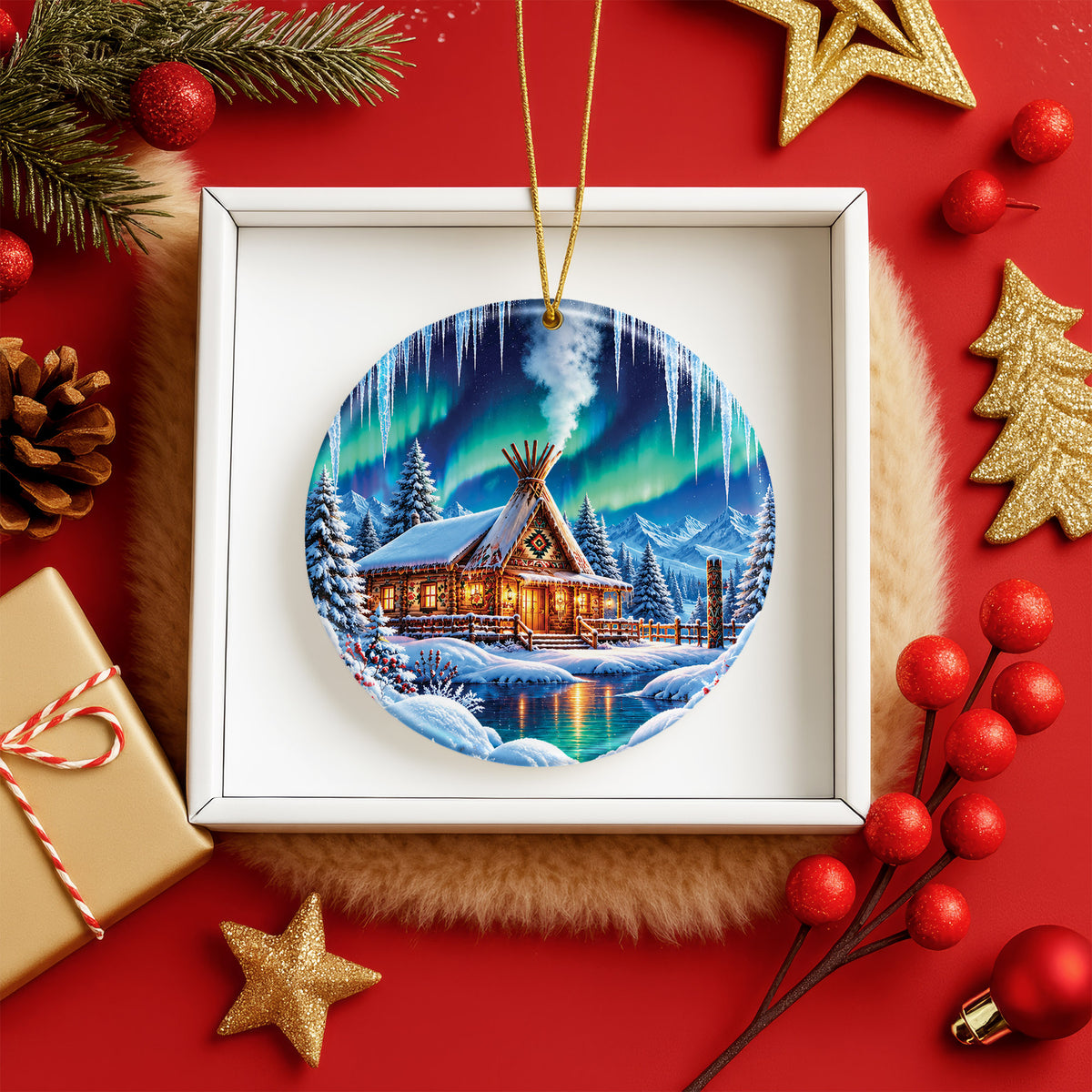 Native Tipi Northern Lights Ceramic Christmas Ornament