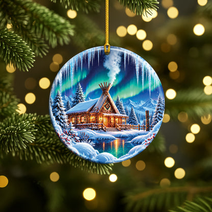 Native Tipi Northern Lights Ceramic Christmas Ornament