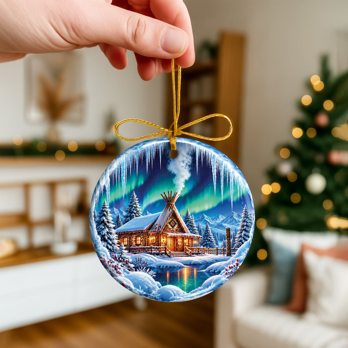 Native Tipi Northern Lights Ceramic Christmas Ornament