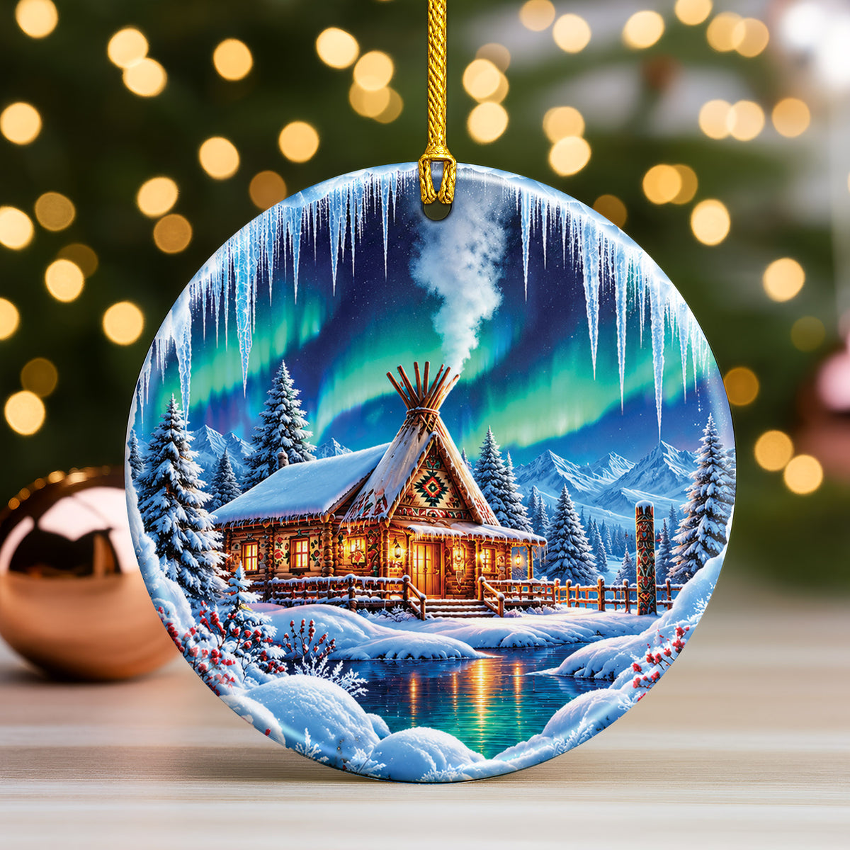 Native Tipi Northern Lights Ceramic Christmas Ornament