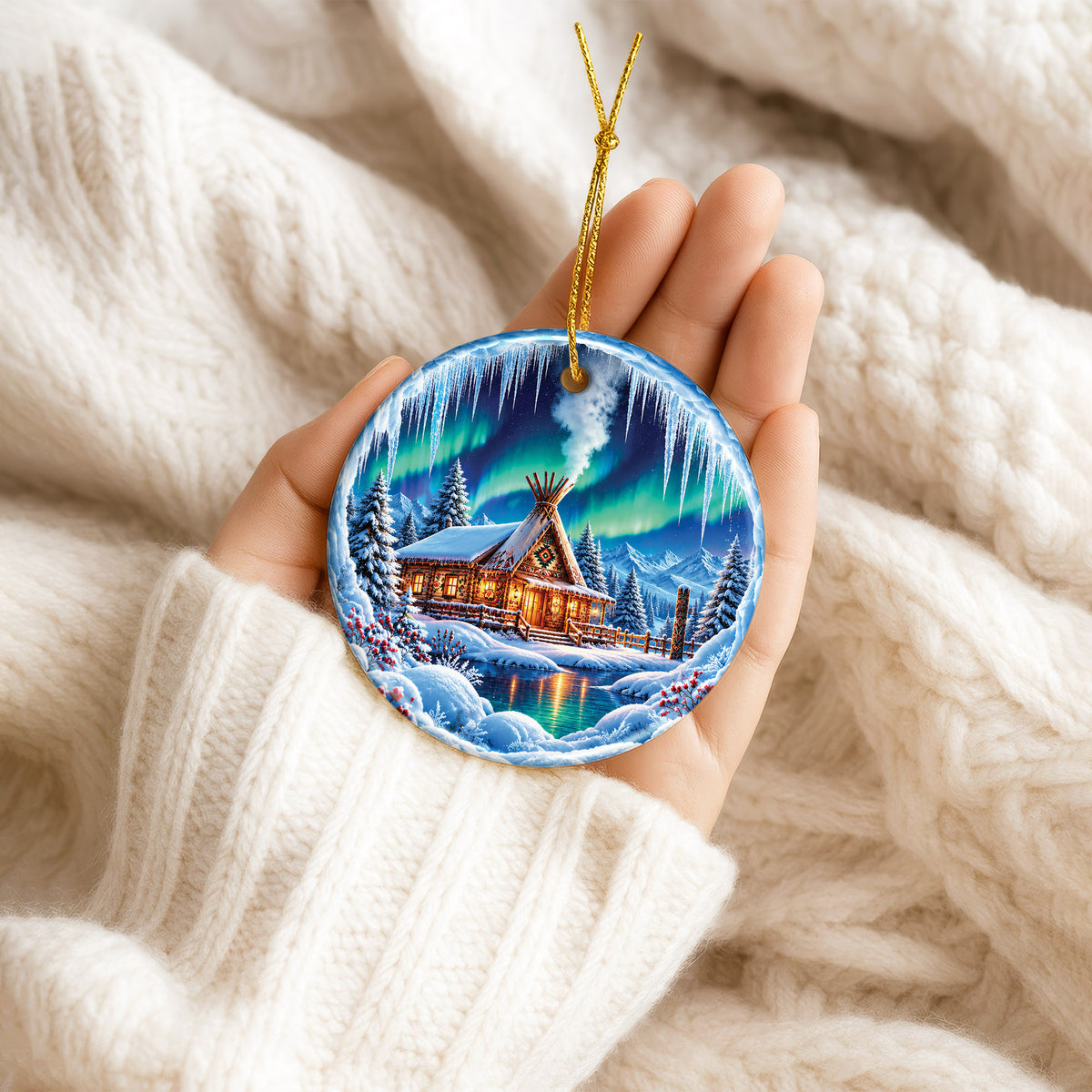 Native Tipi Northern Lights Ceramic Christmas Ornament