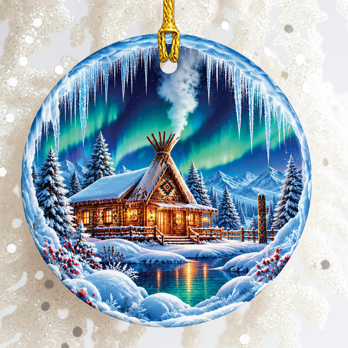Native Tipi Northern Lights Ceramic Christmas Ornament