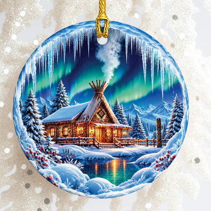 Native Tipi Northern Lights Ceramic Christmas Ornament