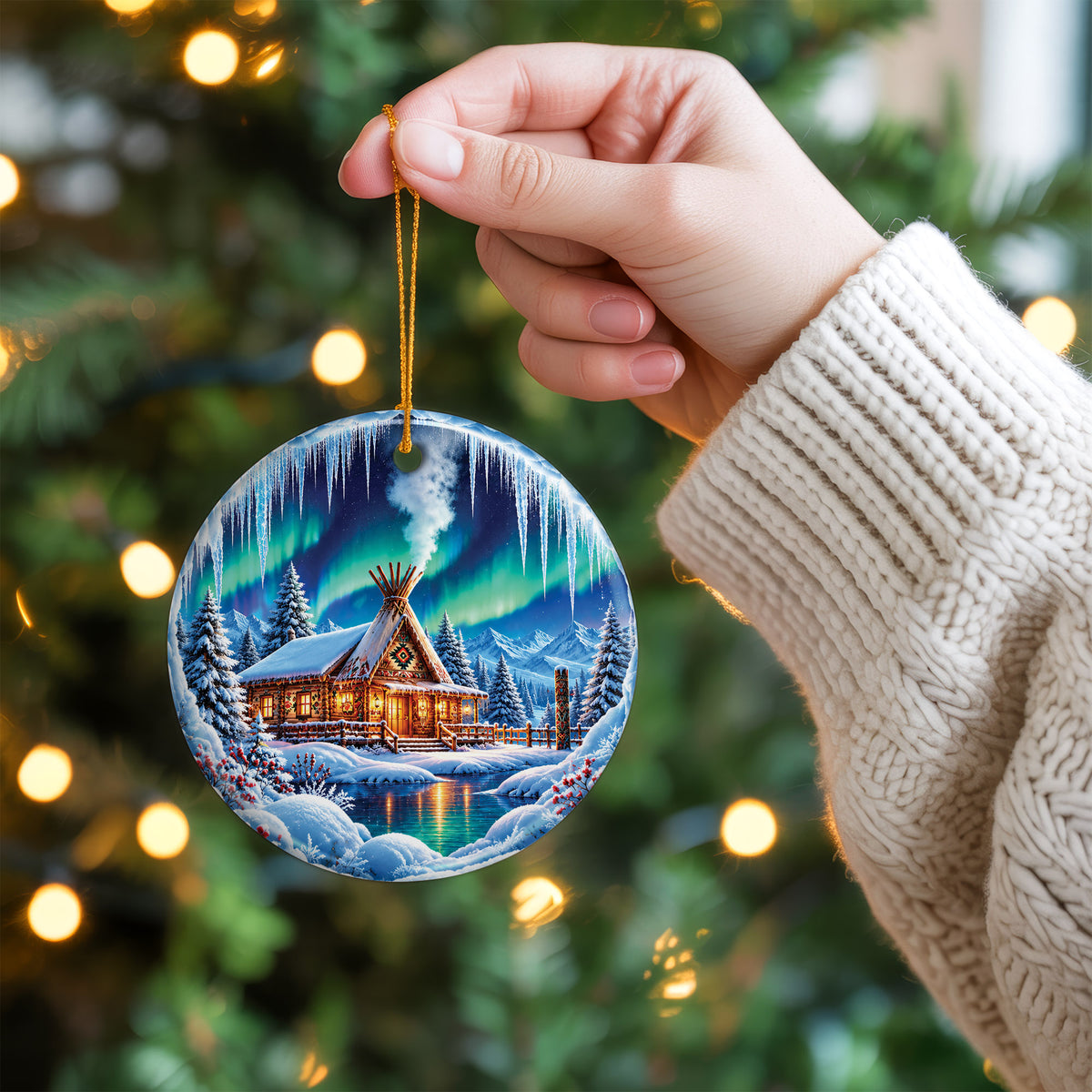 Native Tipi Northern Lights Ceramic Christmas Ornament
