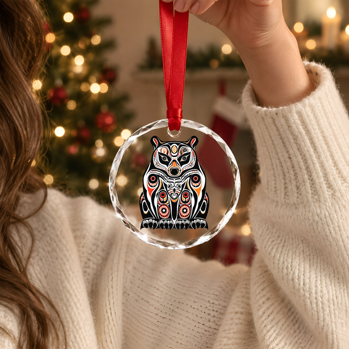 Native American Bear Art Glass Christmas Ornament