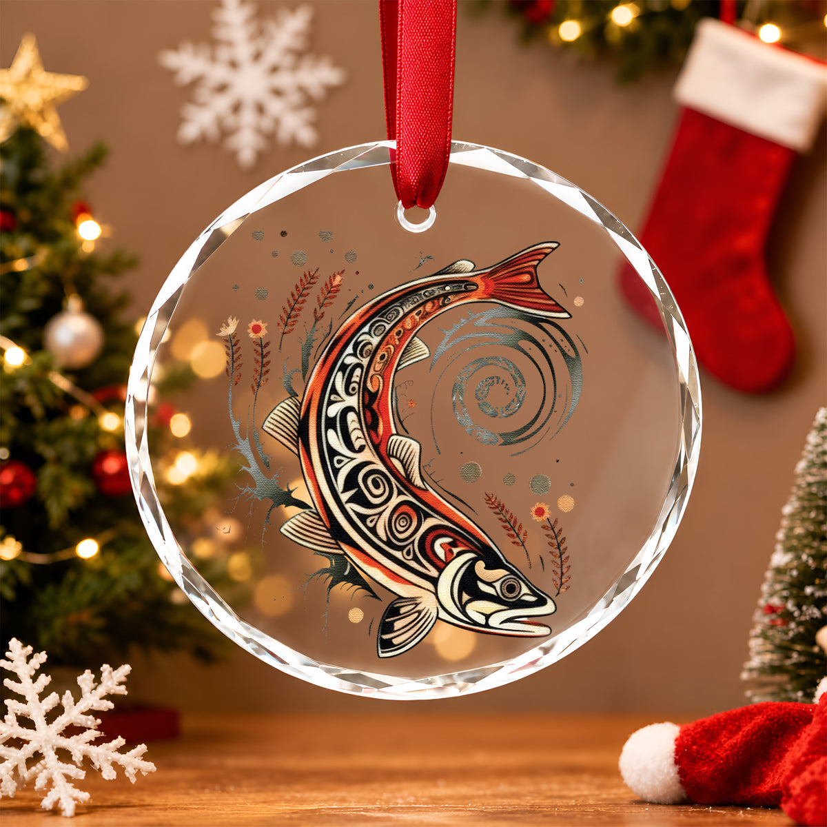 Native Inspired Fish Art Glass Christmas Ornament