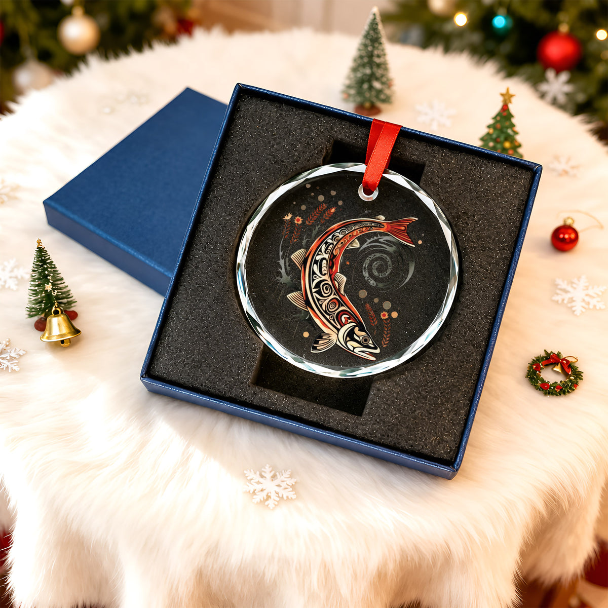 Native Inspired Fish Art Glass Christmas Ornament