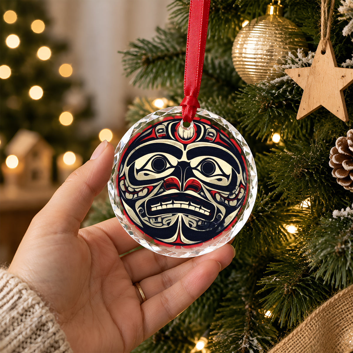 Native Inspired Bigfoot Art Glass Christmas Ornament