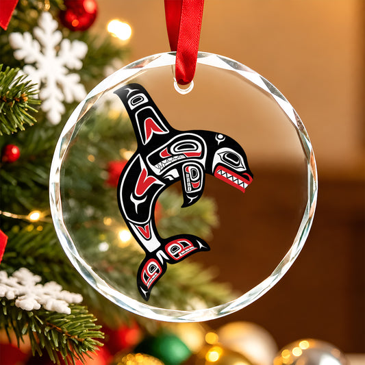 Tribal Orca Whale Art Glass Christmas Ornament