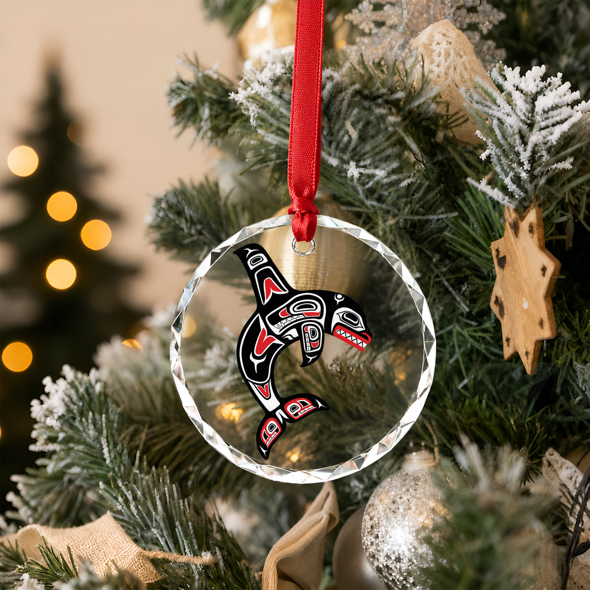 Tribal Orca Whale Art Glass Christmas Ornament