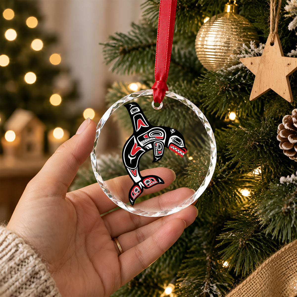 Tribal Orca Whale Art Glass Christmas Ornament