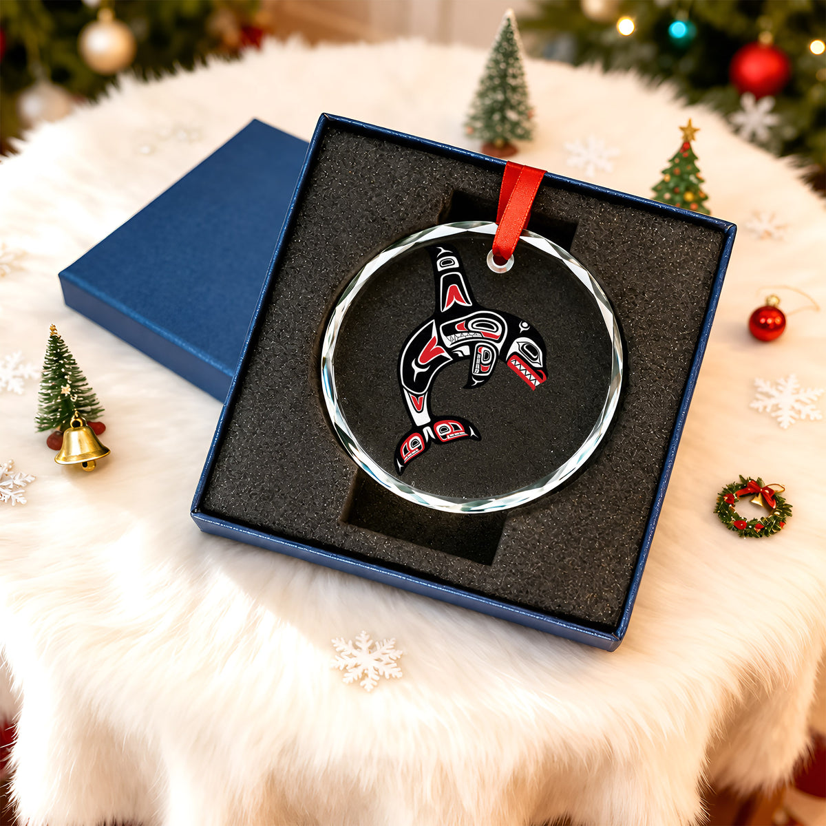 Tribal Orca Whale Art Glass Christmas Ornament