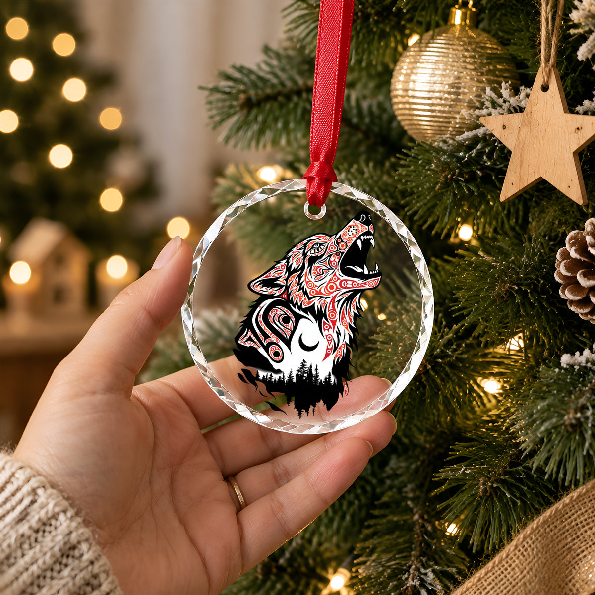 Native Wolf Art Glass Christmas Ornament