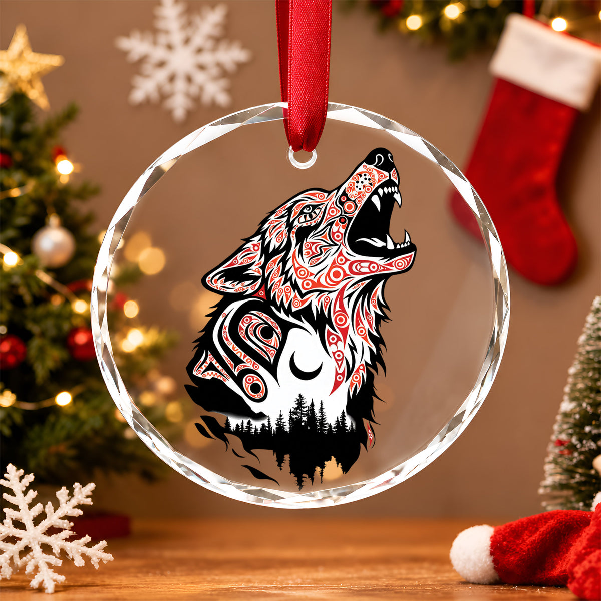 Native Wolf Art Glass Christmas Ornament