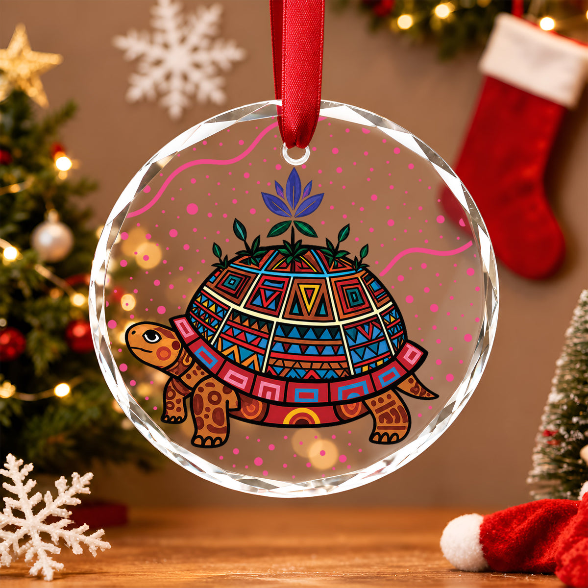Native American Turtle Glass Ornament - Holiday Tree Decoration