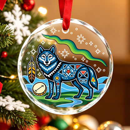 Native American Wolf Glass Ornament - Holiday Tree Decoration