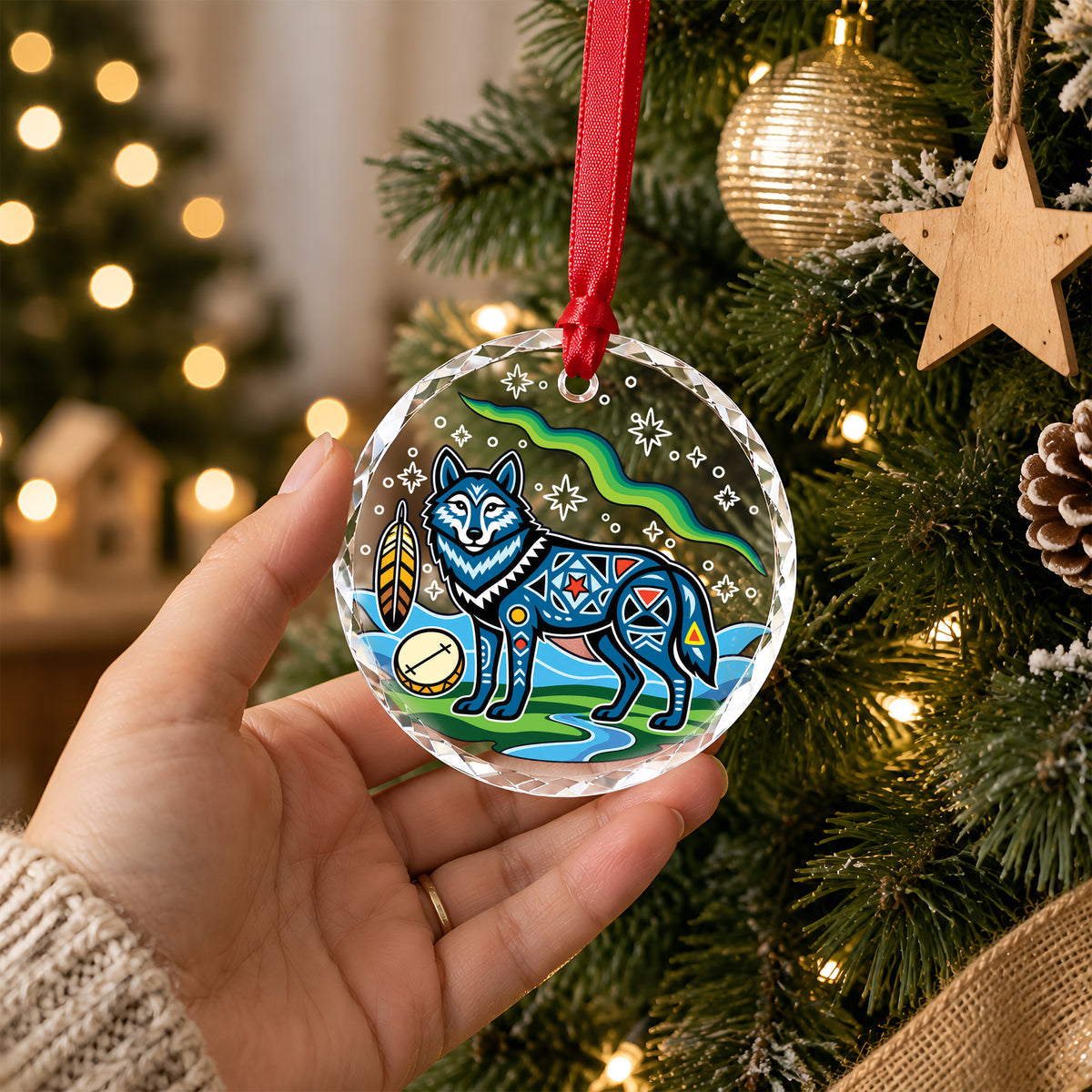 Native American Wolf Glass Ornament - Holiday Tree Decoration