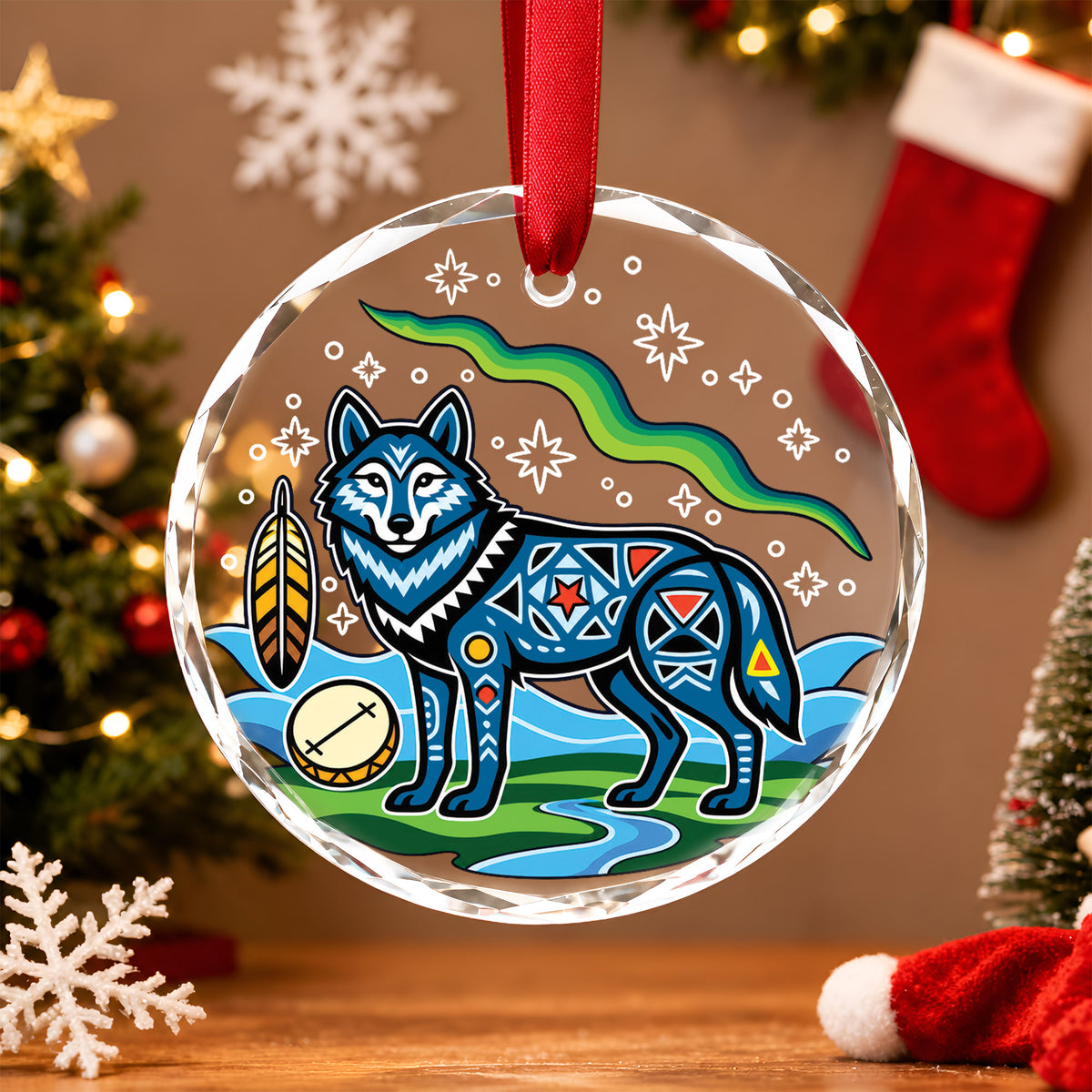 Native American Wolf Glass Ornament - Holiday Tree Decoration