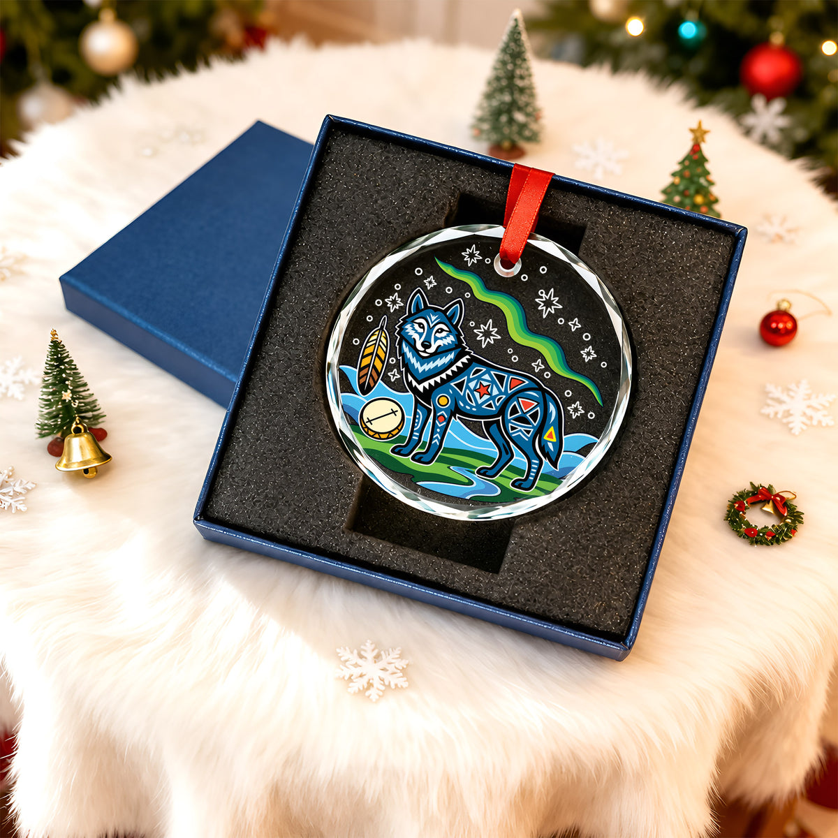 Native American Wolf Glass Ornament - Holiday Tree Decoration