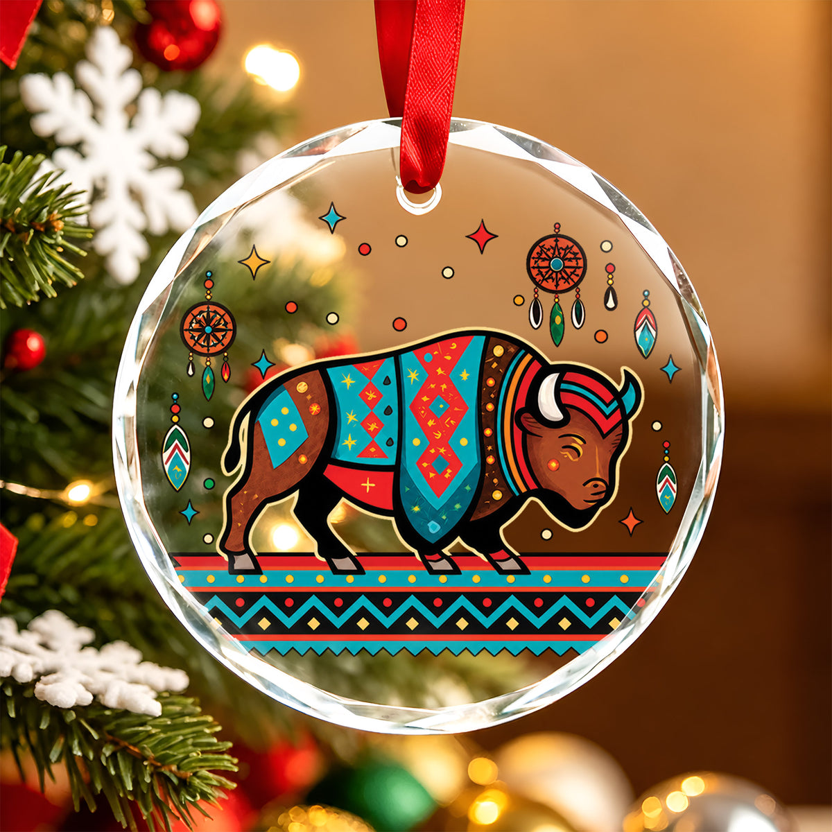 Native American Bison Glass Ornament - Holiday Tree Decoration