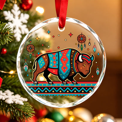 Native American Bison Glass Ornament - Holiday Tree Decoration