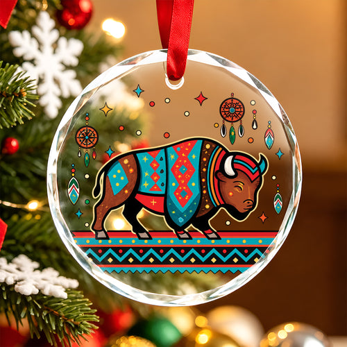 Native American Bison Glass Ornament - Holiday Tree Decoration