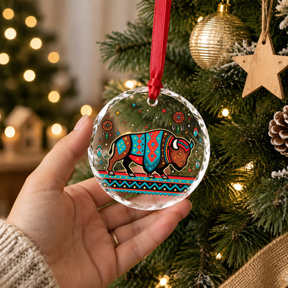 Native American Bison Glass Ornament - Holiday Tree Decoration