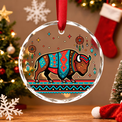 Native American Bison Glass Ornament - Holiday Tree Decoration