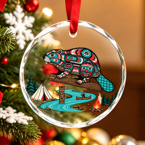 Native American Beaver Glass Ornament - Holiday Tree Decoration