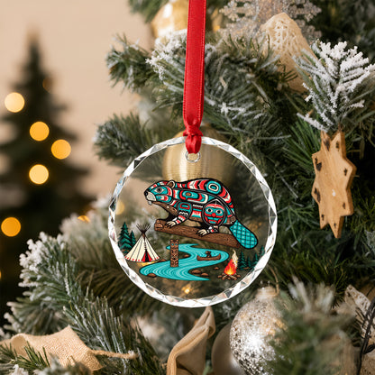 Native American Beaver Glass Ornament - Holiday Tree Decoration