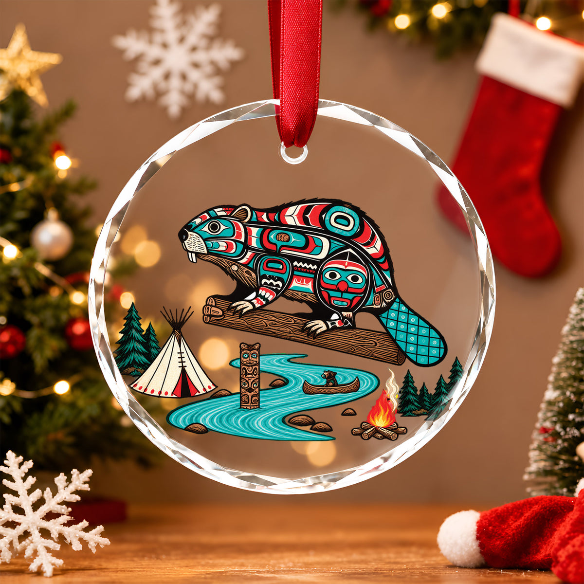 Native American Beaver Glass Ornament - Holiday Tree Decoration