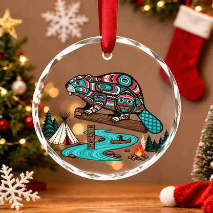 Native American Beaver Glass Ornament - Holiday Tree Decoration