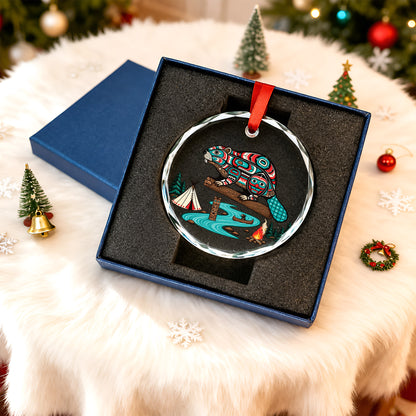 Native American Beaver Glass Ornament - Holiday Tree Decoration