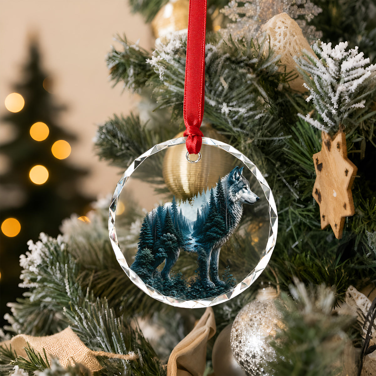 Native Wolf Spirit Glass Ornament - Holiday Tree Decoration