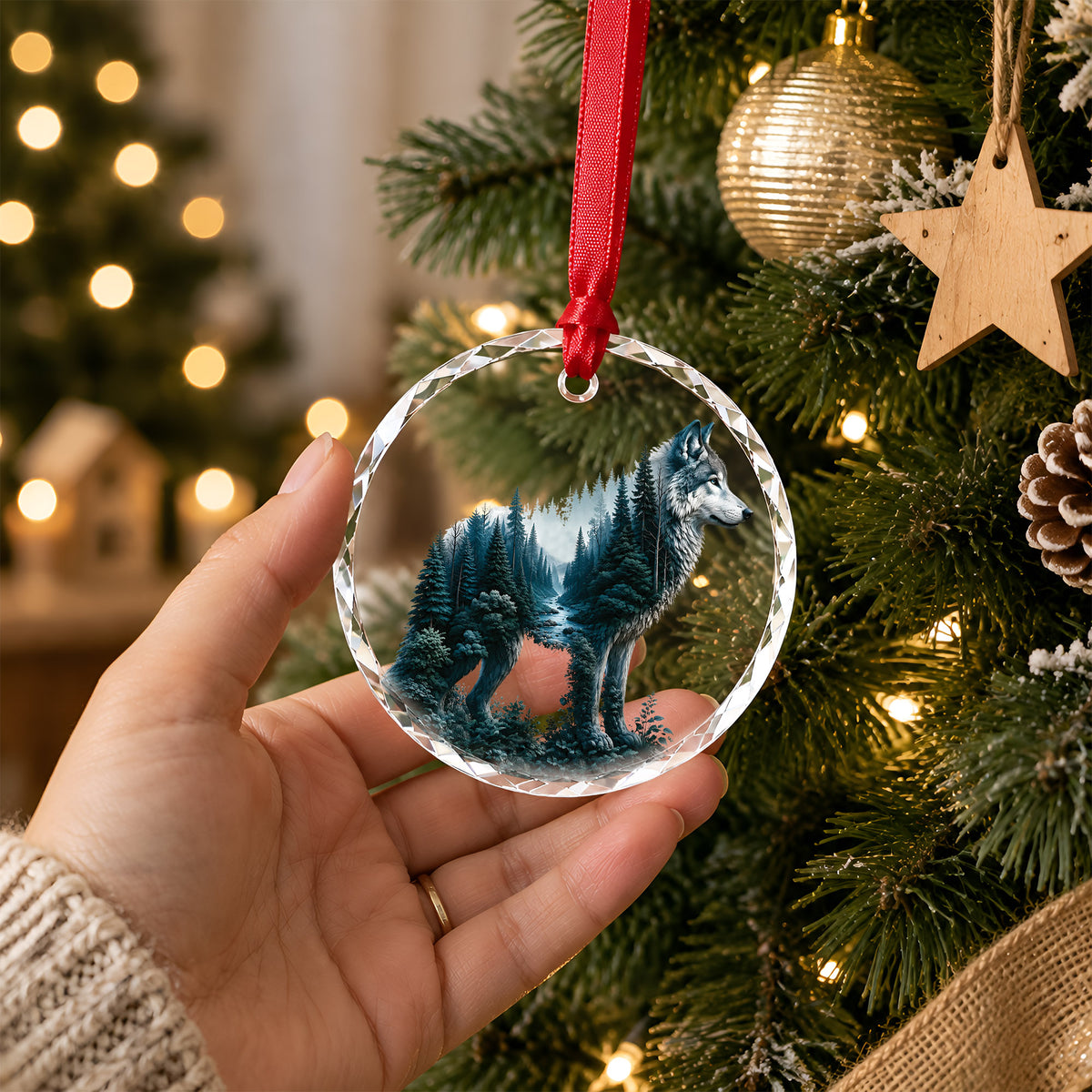 Native Wolf Spirit Glass Ornament - Holiday Tree Decoration