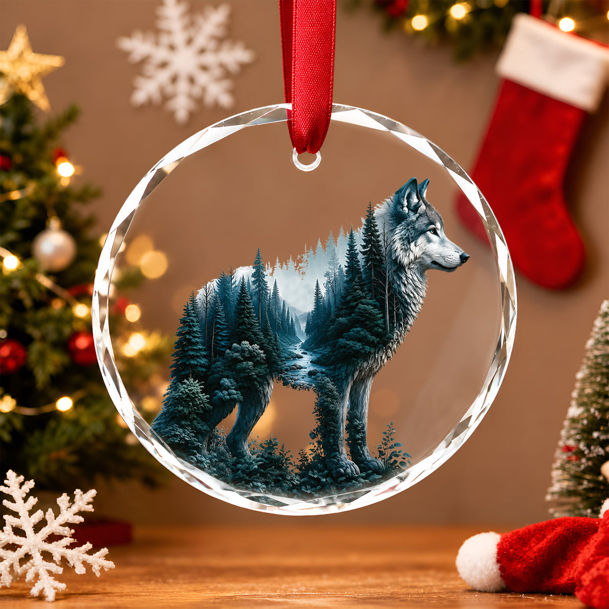 Native Wolf Spirit Glass Ornament - Holiday Tree Decoration