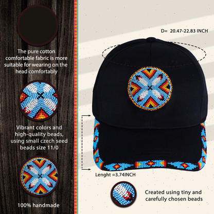 SALE 50% OFF - Cotton Unisex Baseball Cap With Beaded Patch Brim Native American Style