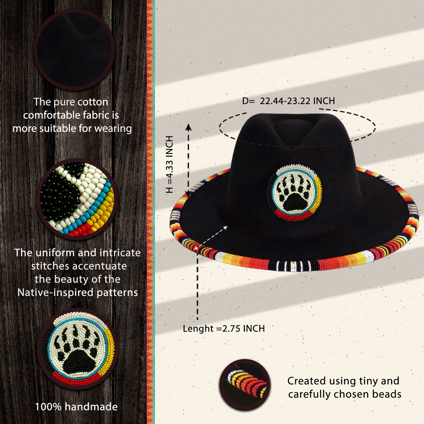 SALE 50% OFF - Bear Paw Fedora Hatband for Men Women Beaded Brim with Native American Style