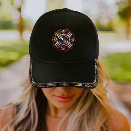 SALE 50% OFF - Red Hand Baseball Cap With Patch And A Colorful Beaded Brim Native American Style